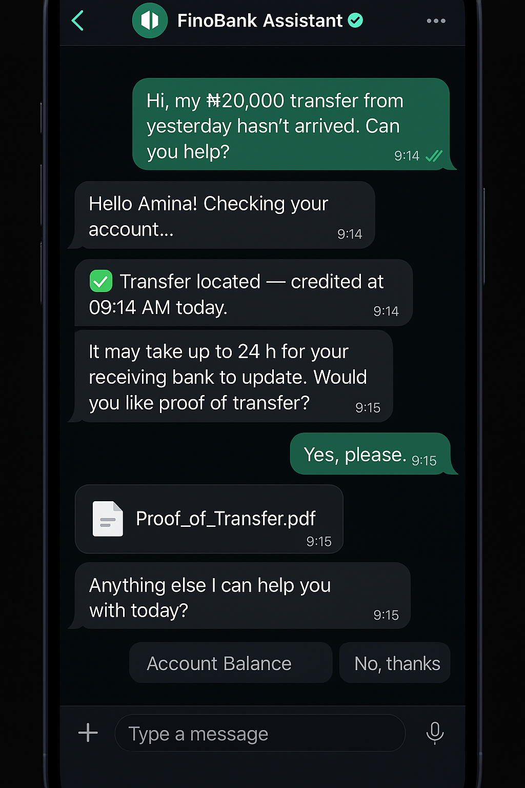 AI Assistant resolving customer transfer inquiry in real-time